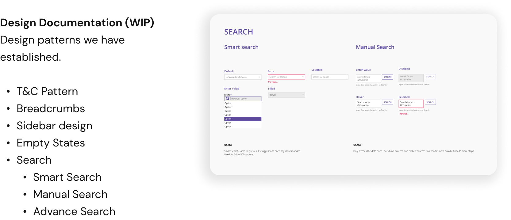 Design Documentation showing established patterns including T&C, Breadcrumbs, Sidebar, Search