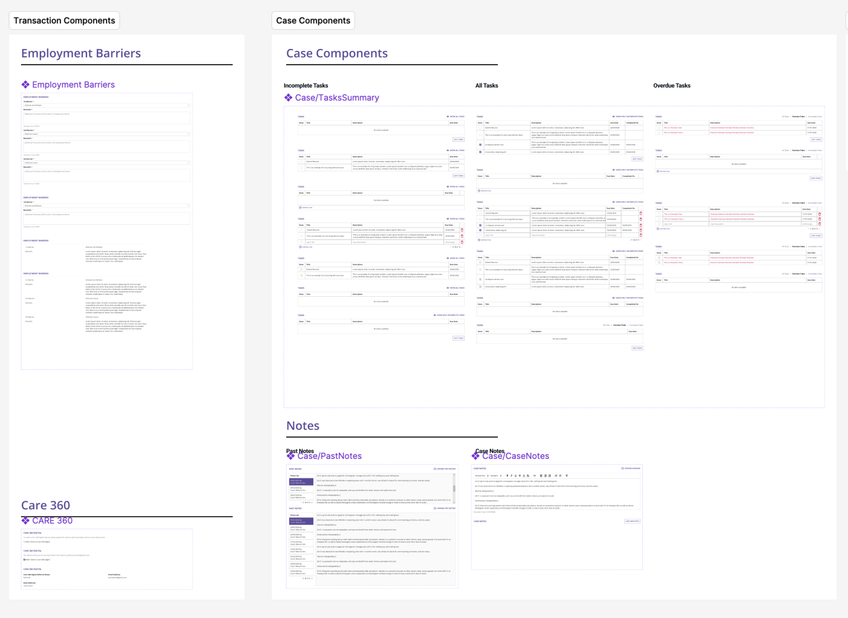 Design system components showing transaction and case components