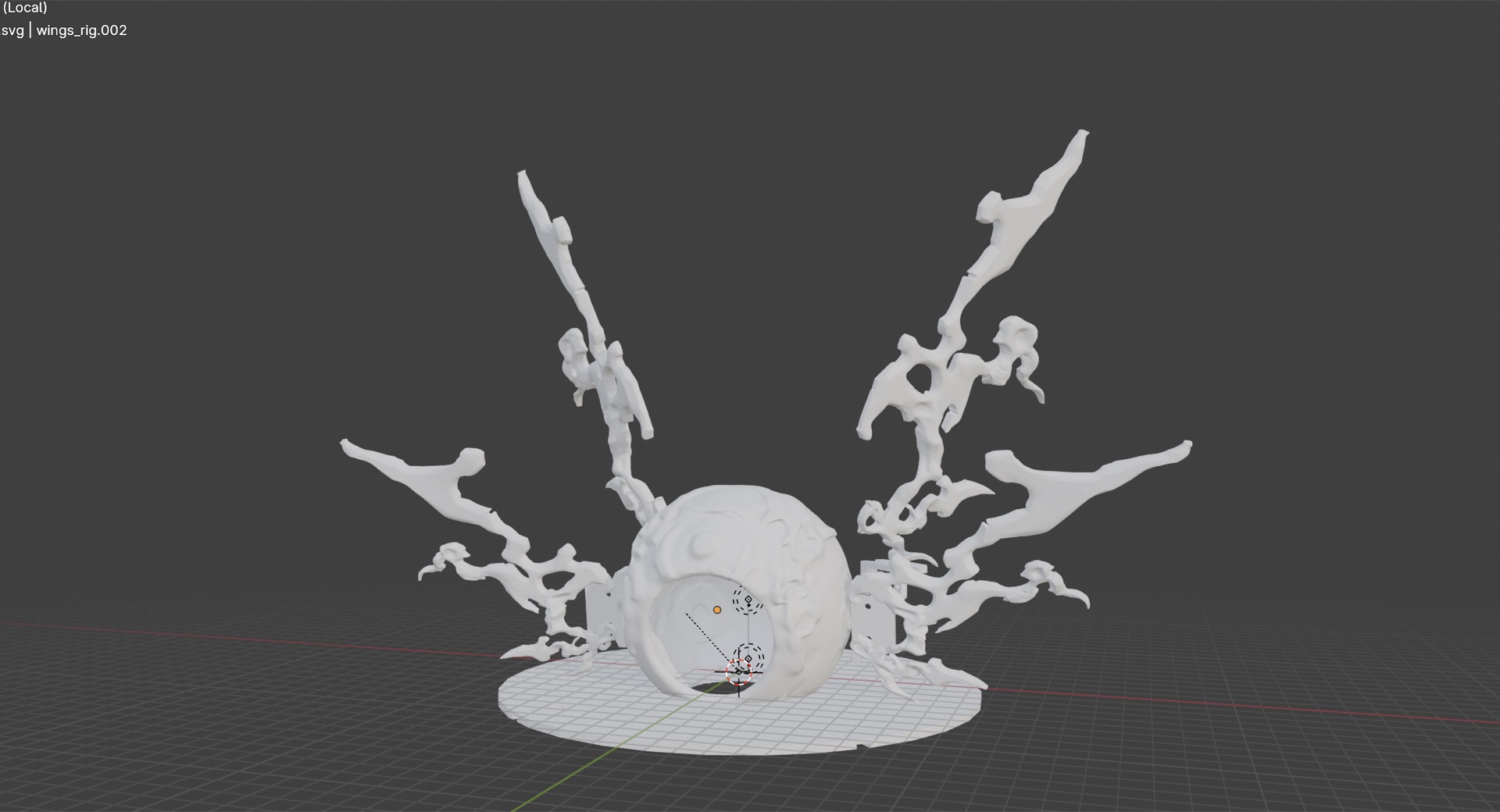 3D model perspective view: central sphere with organic wing forms radiating outward