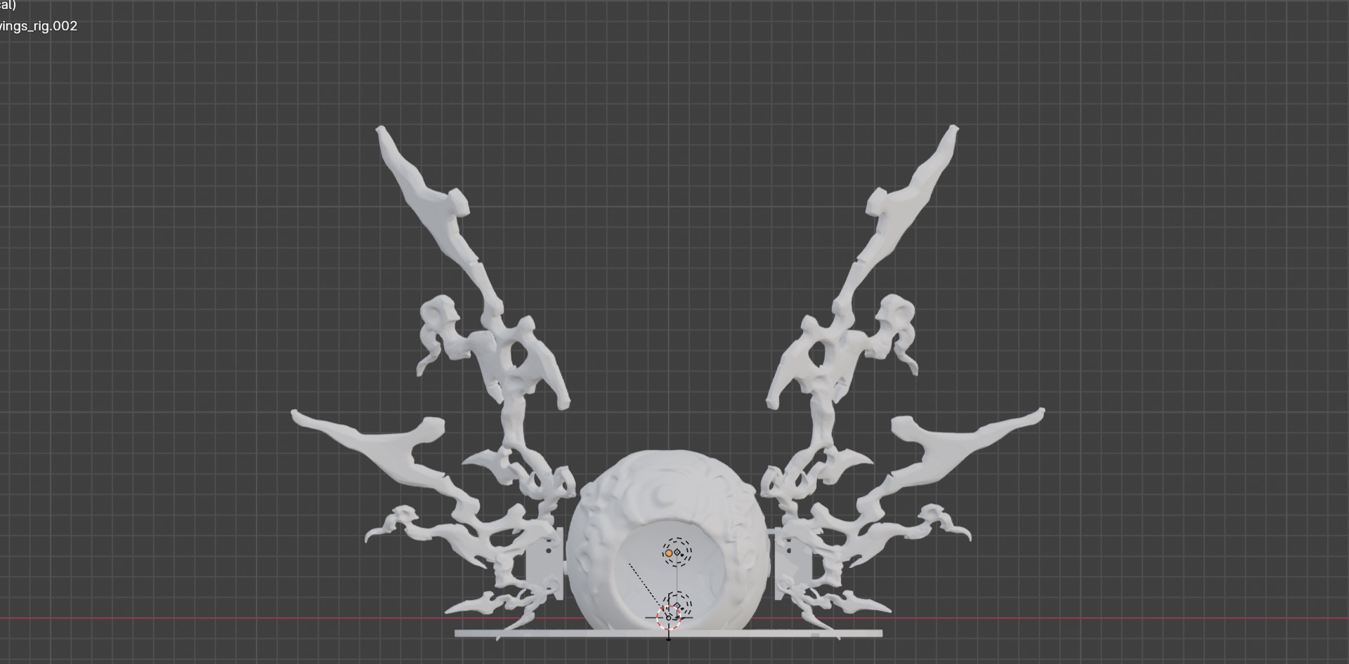 3D model front view: symmetrical wing silhouette with central sphere and eye detail