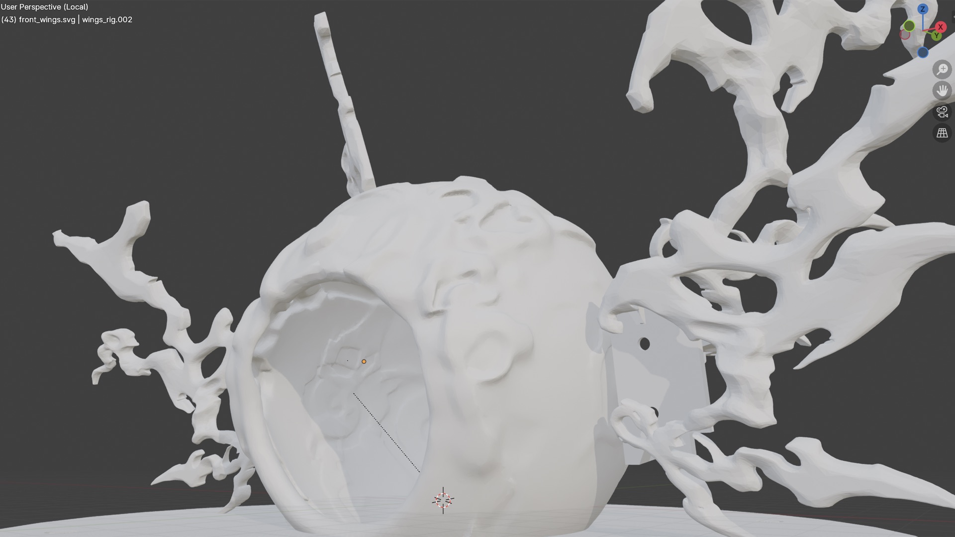 3D model close-up: sphere body detail showing organic surface textures and eye socket