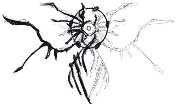 Initial ink sketch: loose gestural drawing of the angel form with central eye and radiating organic limbs