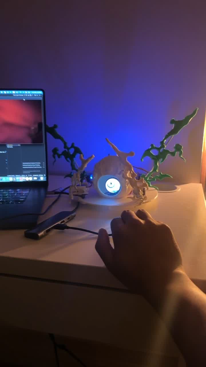 Night testing: the sculpture glowing with blue LED eye, connected to laptop running face detection