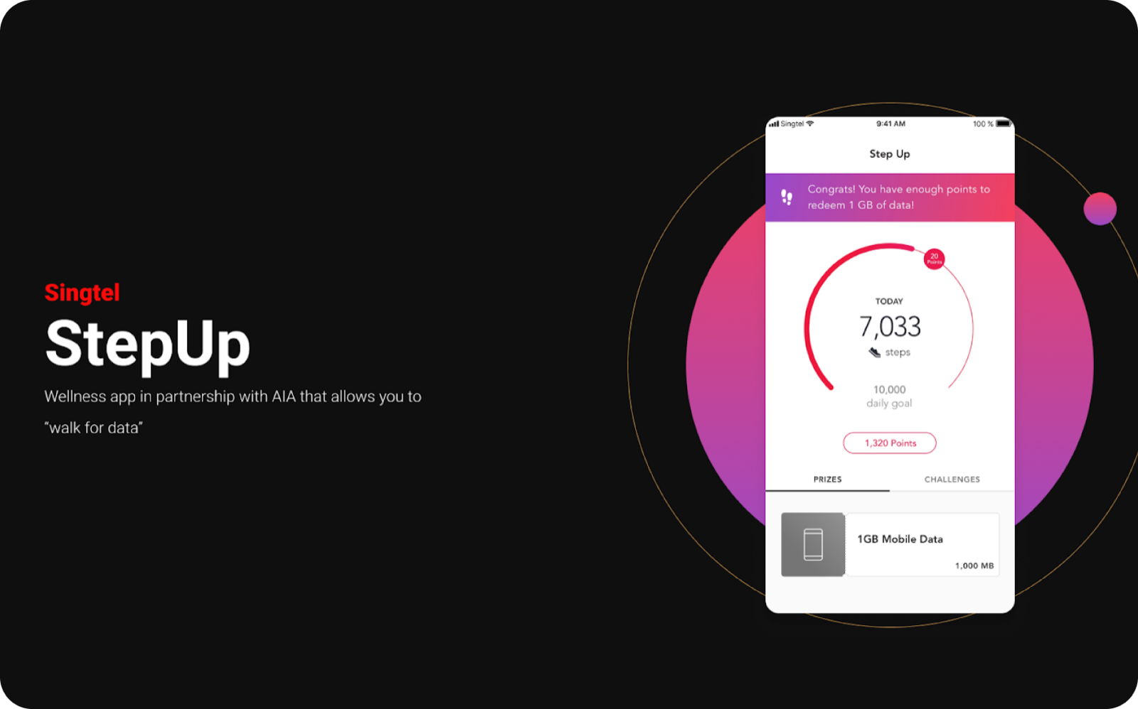 StepUp app interface showing walk-for-data wellness dashboard